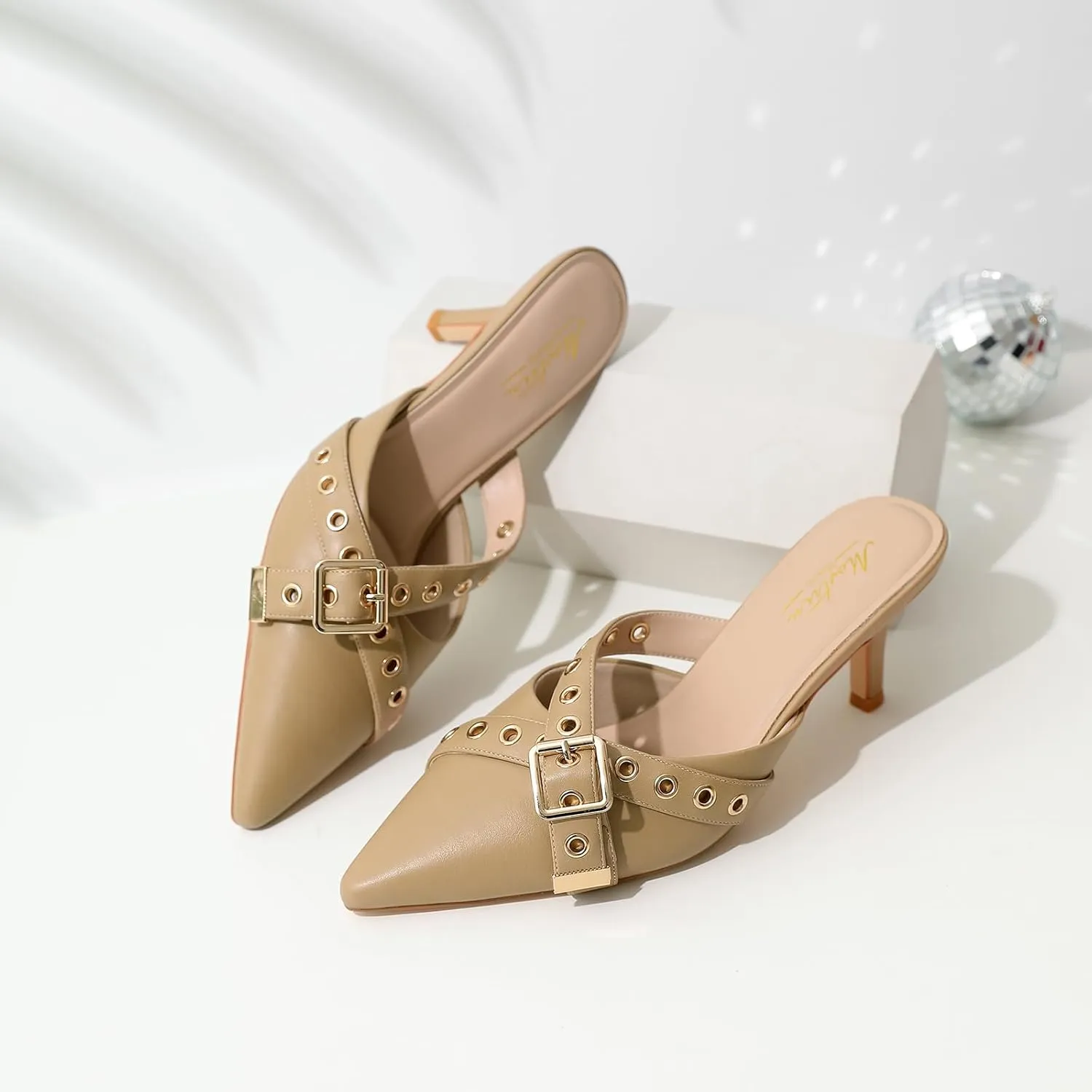 Mostrin Kitten Mules Heels for Women Pointed Closed Toe Heels Vintage Slip on Stiletto Dressy Pumps Shoes