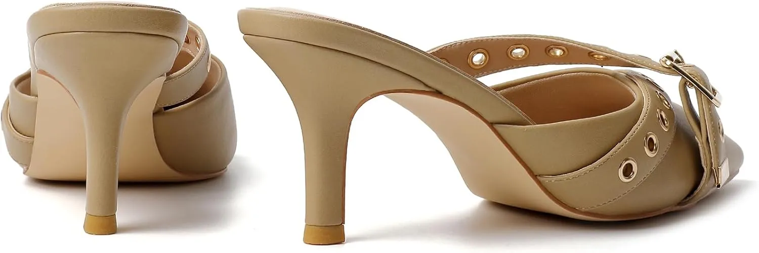 Mostrin Kitten Mules Heels for Women Pointed Closed Toe Heels Vintage Slip on Stiletto Dressy Pumps Shoes