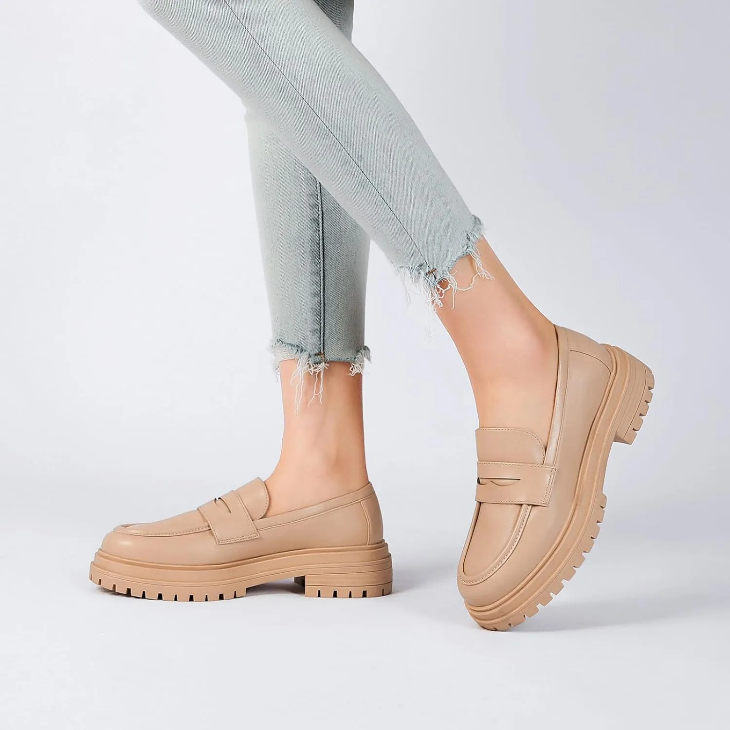 Mostrin Loafers for Women Lug Sole Platform Mid Chunky Loafers Classic Round Toe Slip On Loafers Comfortable Penny Casual Shoes