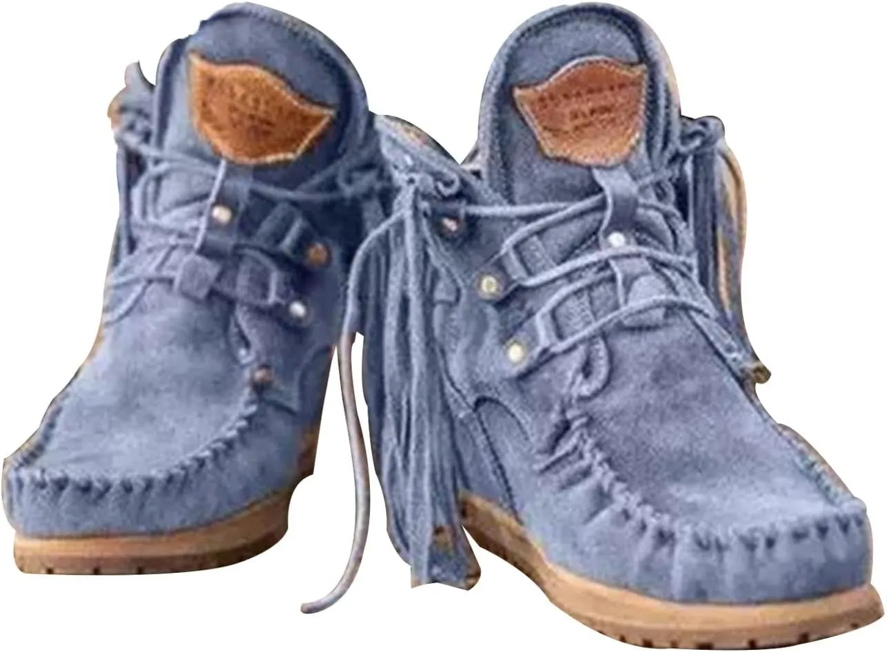 MOYOWEI Women's Vintage Cowboy Fringed Ankle Boots,Lightweight Comfy Suede High Top Round Toe Hippie Moccasin Short Booties