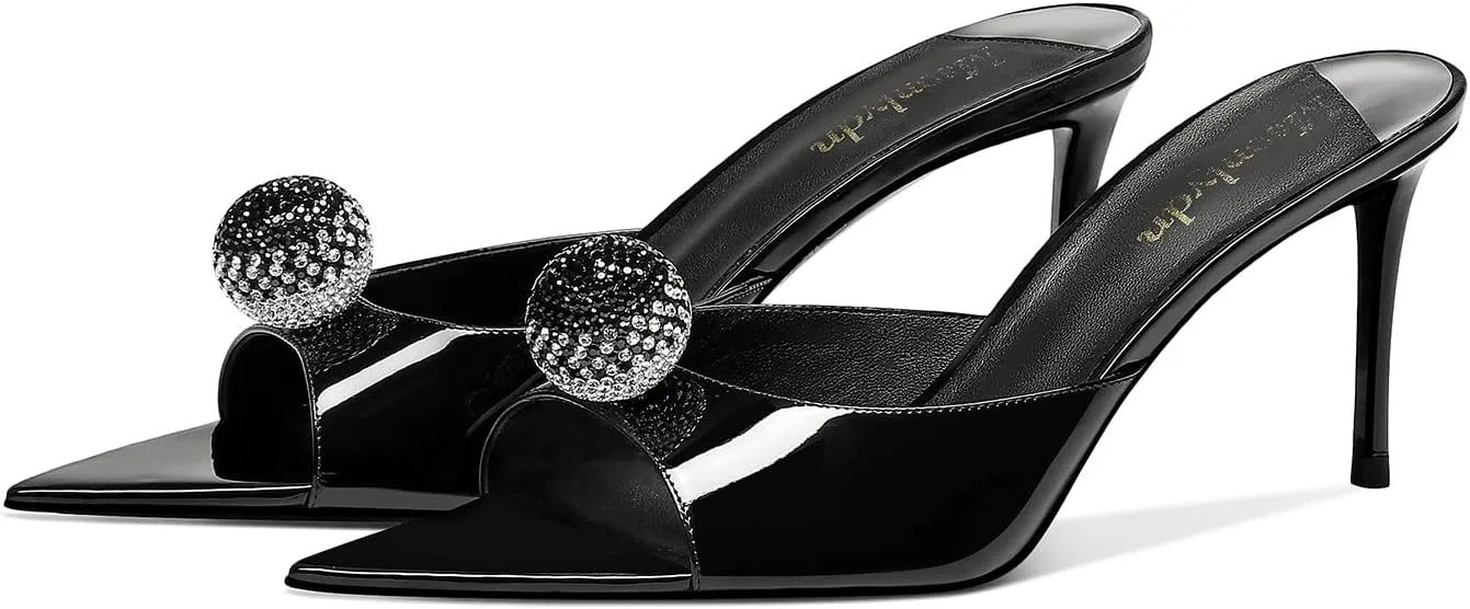 MSONLYDN Women's Heeled Mules Sandals Pointed Peep Toe Slip on Stiletto Heels for Wedding Party