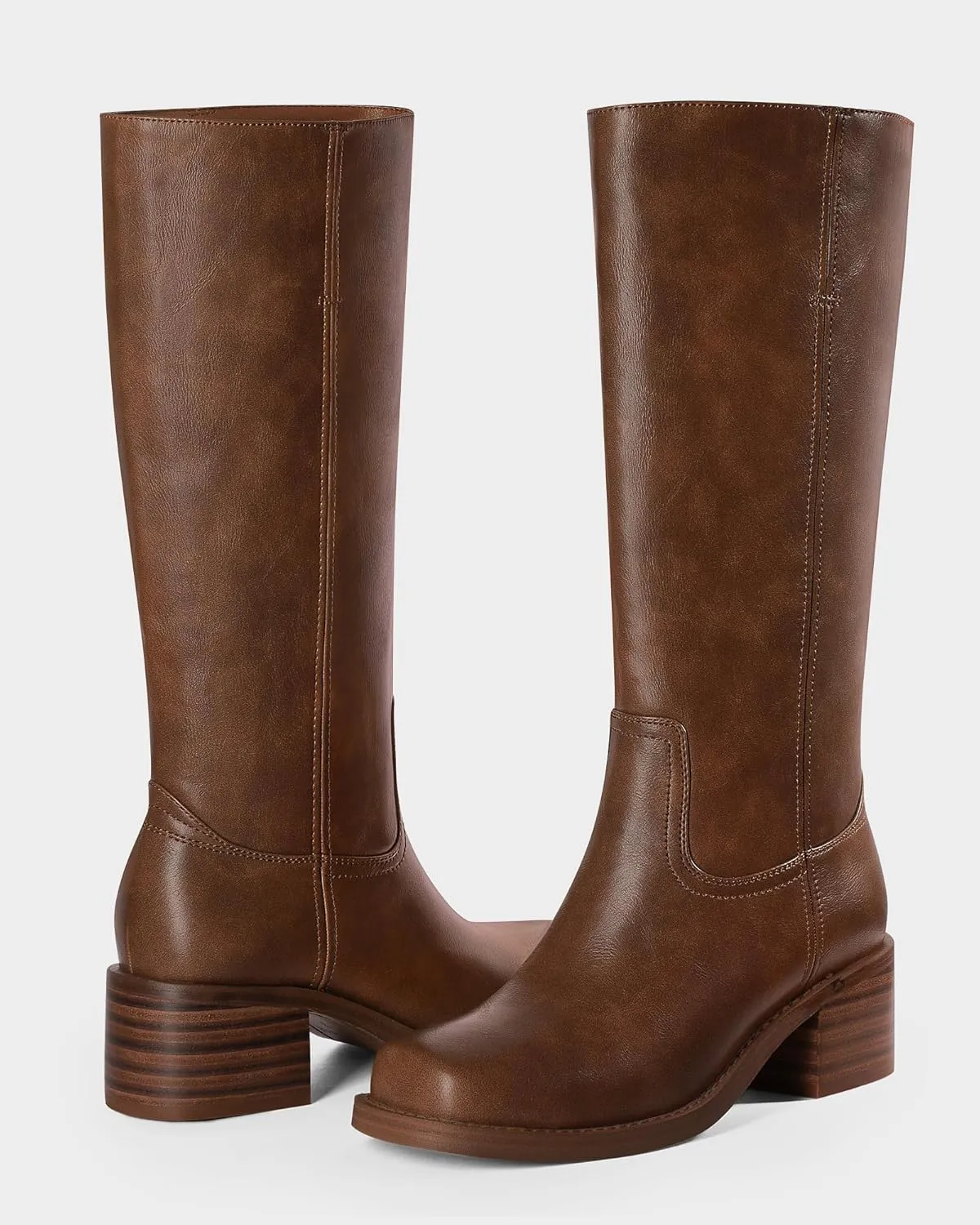MUCCCUTE Campus Knee High Boots for Women Wide Calf Square Toe Chunky Block Low Heel Tall Long Boots Pull On