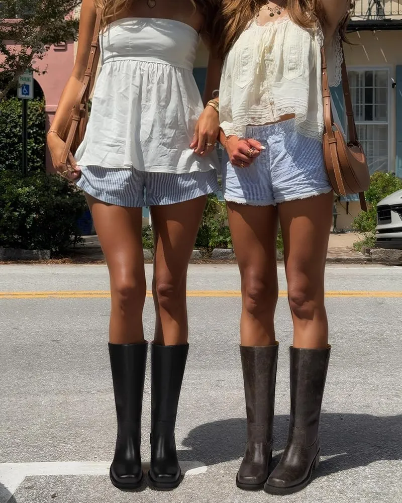 MUCCCUTE Campus Knee High Boots for Women Wide Calf Square Toe Chunky Block Low Heel Tall Long Boots Pull On