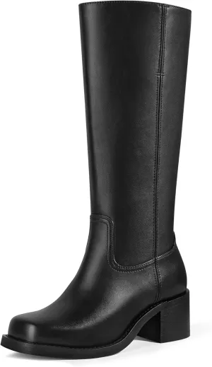 MUCCCUTE Campus Knee High Boots for Women Wide Calf Square Toe Chunky Block Low Heel Tall Long Boots Pull On