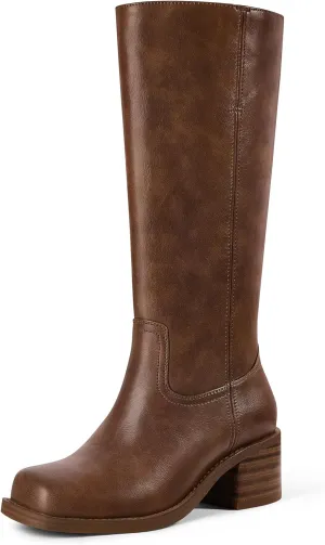 MUCCCUTE Campus Knee High Boots for Women Wide Calf Square Toe Chunky Block Low Heel Tall Long Boots Pull On