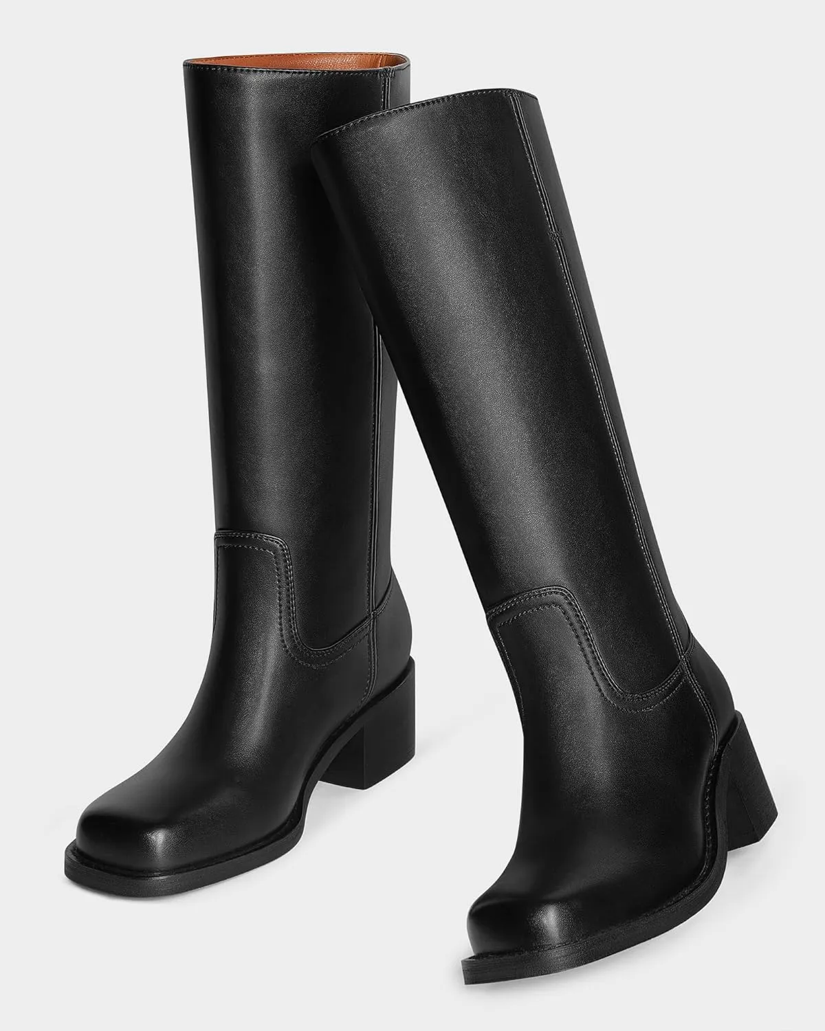 MUCCCUTE Campus Knee High Boots for Women Wide Calf Square Toe Chunky Block Low Heel Tall Long Boots Pull On