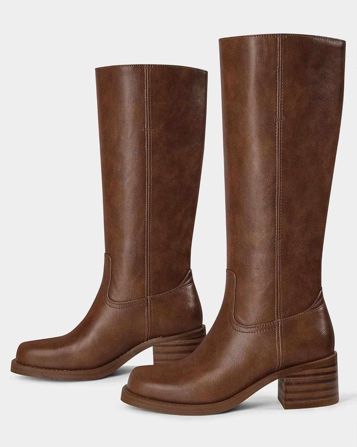 MUCCCUTE Campus Knee High Boots for Women Wide Calf Square Toe Chunky Block Low Heel Tall Long Boots Pull On