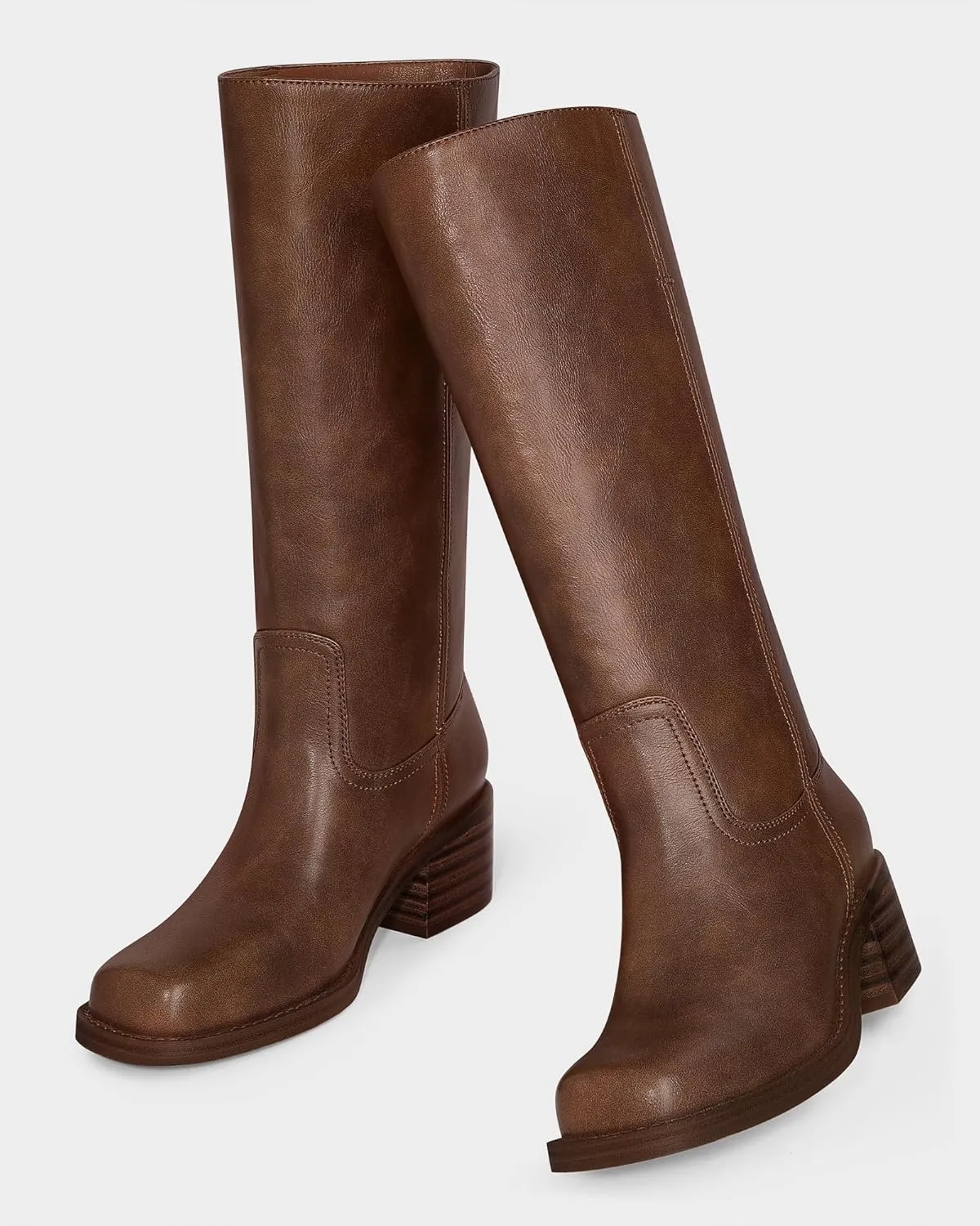 MUCCCUTE Campus Knee High Boots for Women Wide Calf Square Toe Chunky Block Low Heel Tall Long Boots Pull On