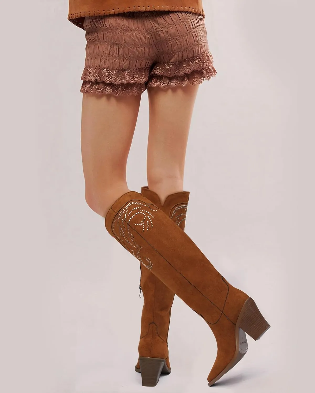MUCCCUTE Cowgirl Boots Women Cowboy Knee High Boots Pointed Toe Chunky Heel Suede and Faux Leather Botas with Stud Embroidered