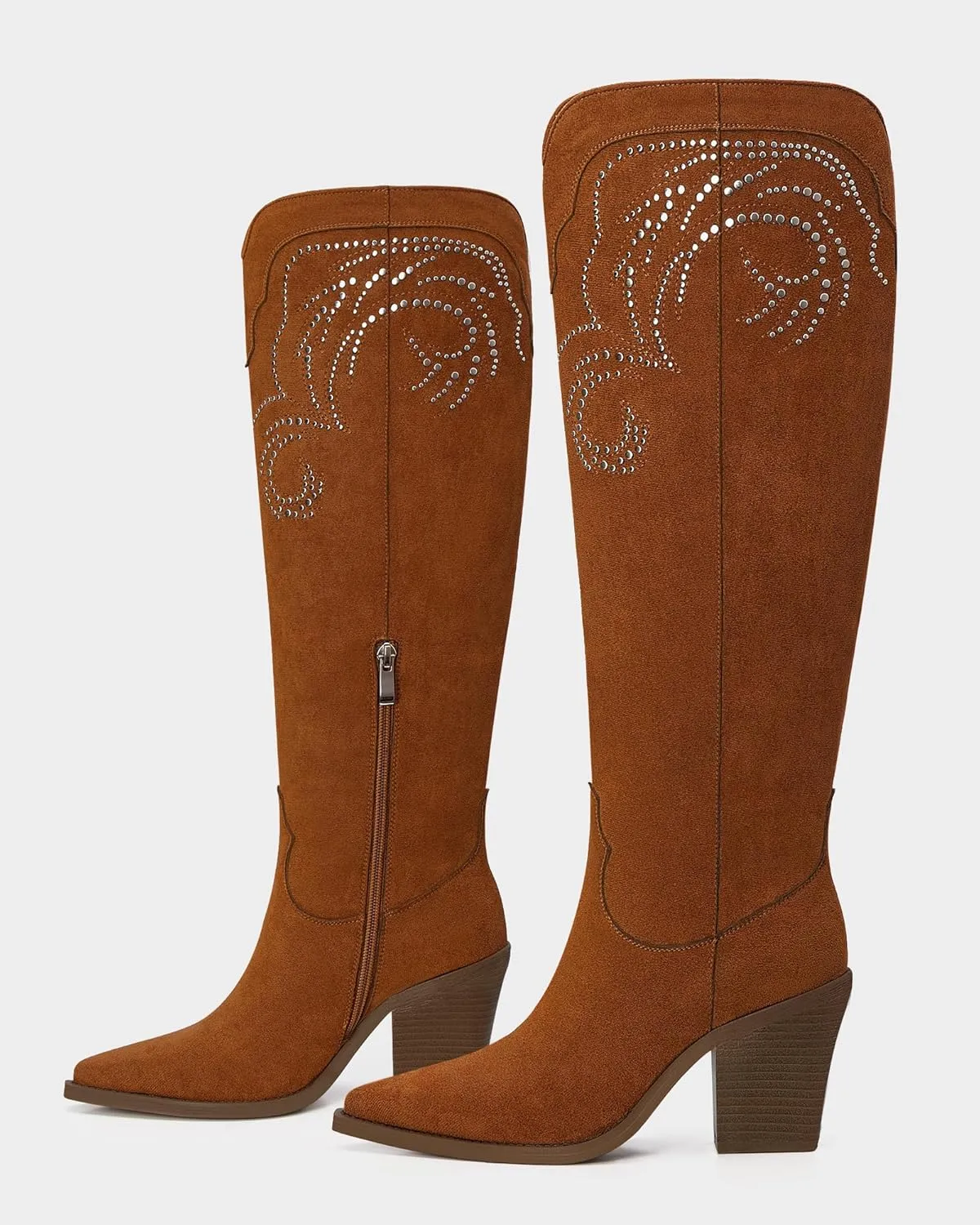 MUCCCUTE Cowgirl Boots Women Cowboy Knee High Boots Pointed Toe Chunky Heel Suede and Faux Leather Botas with Stud Embroidered