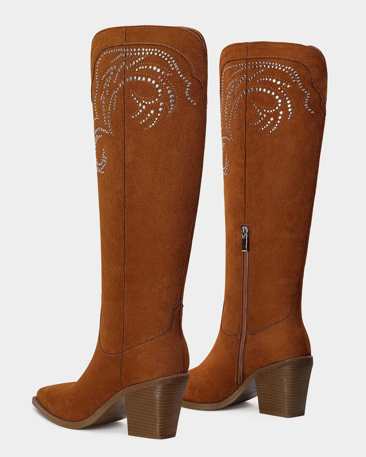 MUCCCUTE Cowgirl Boots Women Cowboy Knee High Boots Pointed Toe Chunky Heel Suede and Faux Leather Botas with Stud Embroidered