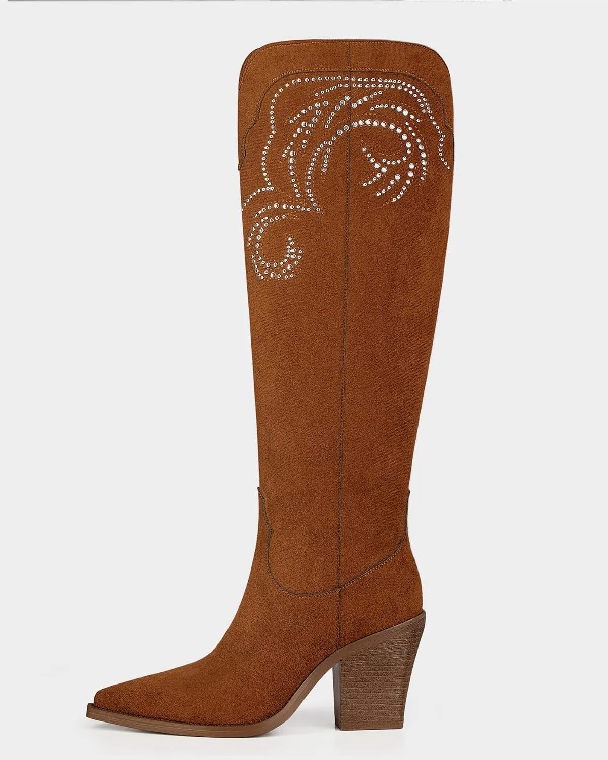 MUCCCUTE Cowgirl Boots Women Cowboy Knee High Boots Pointed Toe Chunky Heel Suede and Faux Leather Botas with Stud Embroidered