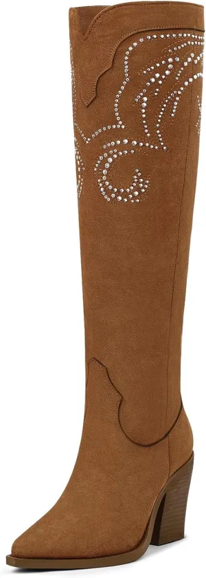 MUCCCUTE Cowgirl Boots Women Cowboy Knee High Boots Pointed Toe Chunky Heel Suede and Faux Leather Botas with Stud Embroidered