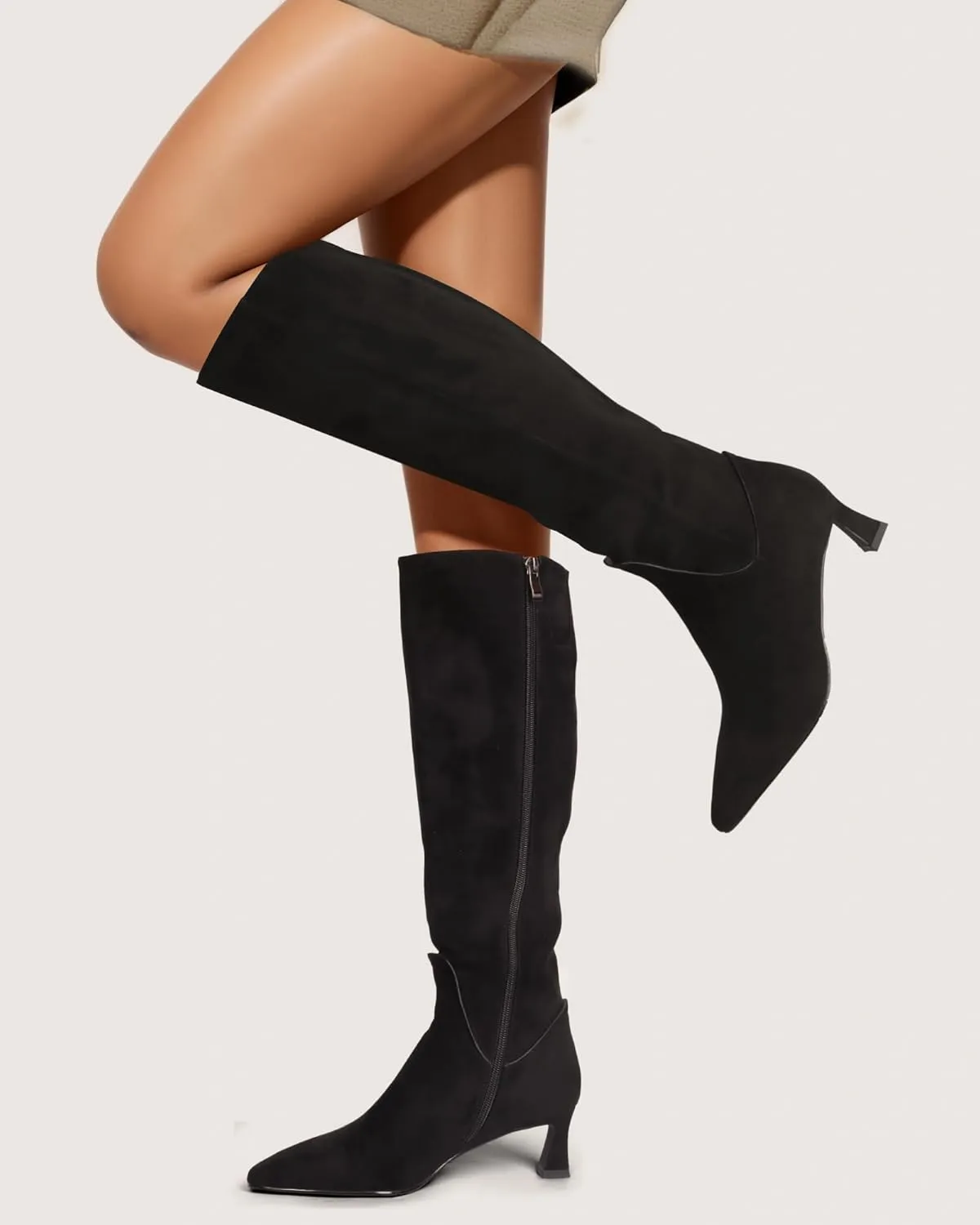 MUCCCUTE Knee High Boots for Women Kitten Heel Tall Boots Pointed Toe Slip On Sexy Fashion Long Botas with Full Side Zipper
