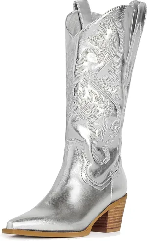 MUCCCUTE Women's Cowgirl Boots Embroidered Cowboy Boots Chunky Block Heel Western Boots Vintage Wide-calf Boots