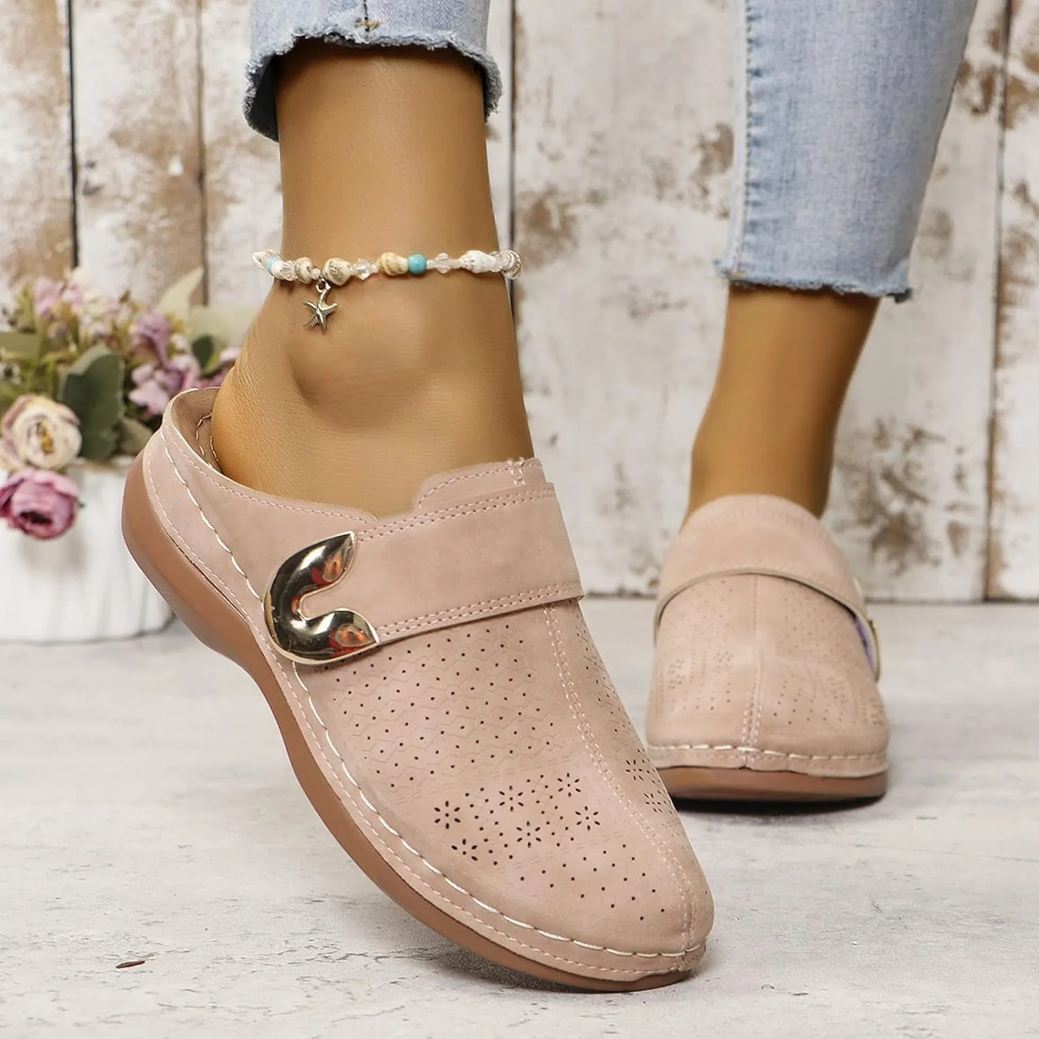 Mules for Women 2025 Fashion Arch Support Closed Toe Sandals Dressy Slip-On Orthopedic Clog Summer Comfortable Walking Wedge Clogs Breathable Hollow Out Slip On Slippers
