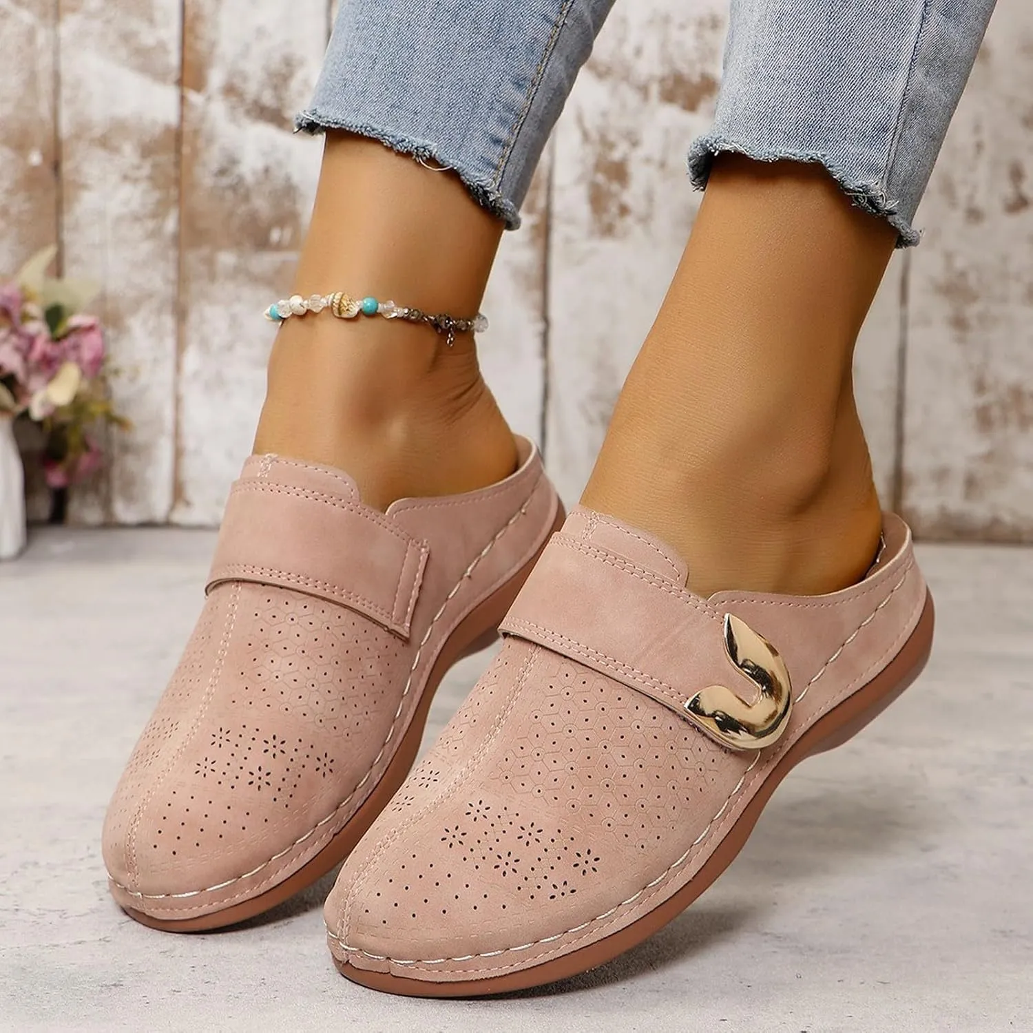 Mules for Women 2025 Fashion Arch Support Closed Toe Sandals Dressy Slip-On Orthopedic Clog Summer Comfortable Walking Wedge Clogs Breathable Hollow Out Slip On Slippers
