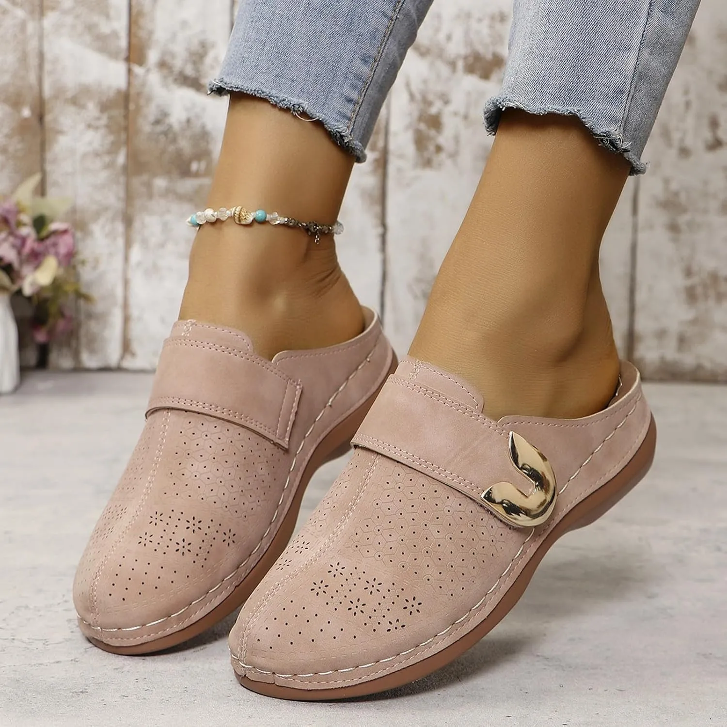 Mules for Women 2025 Fashion Arch Support Closed Toe Sandals Dressy Slip-On Orthopedic Clog Summer Comfortable Walking Wedge Clogs Breathable Hollow Out Slip On Slippers