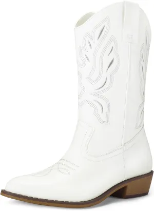 mysoft Women's Western Cowboy Boots Embroidered Mid-Calf Pointed Toe Cowgirl Boot