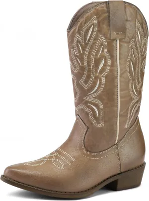 mysoft Women's Western Cowboy Boots Embroidered Mid-Calf Pointed Toe Cowgirl Boot