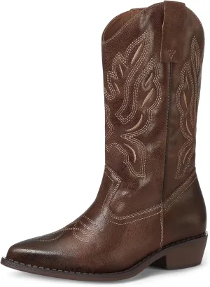 mysoft Women's Western Cowboy Boots Embroidered Mid-Calf Pointed Toe Cowgirl Boot