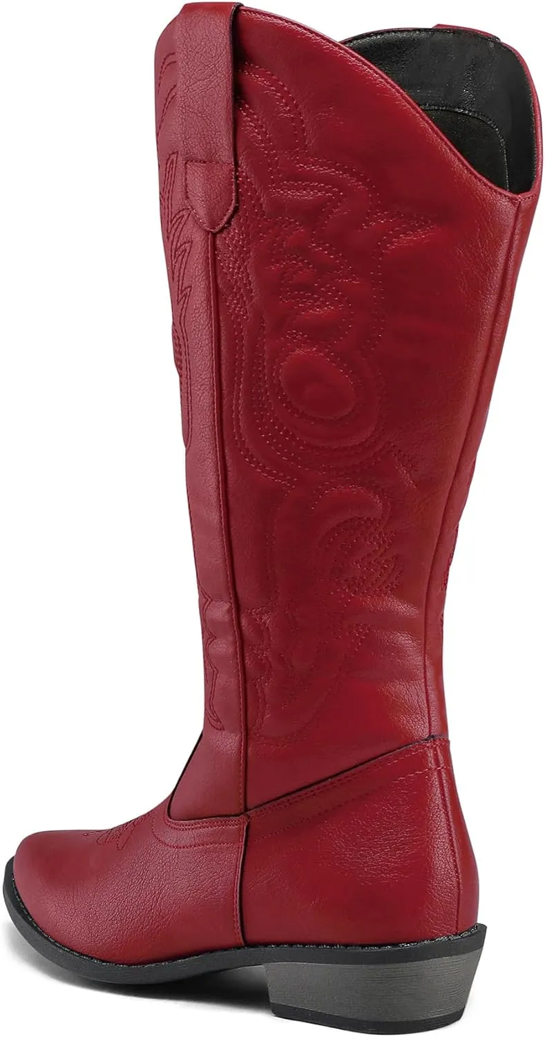 mysoft Women's Wide Calf Cowboy Boots Pull on Cowgirl Embroidered Mid Calf Pointed Toe Chunky Heel Western Boots