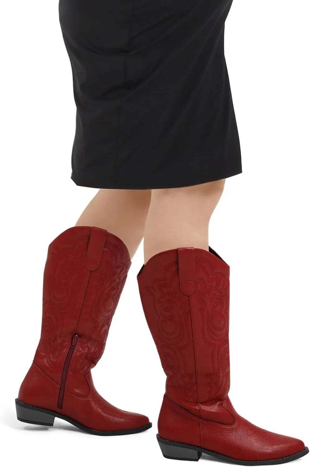 mysoft Women's Wide Calf Cowboy Boots Pull on Cowgirl Embroidered Mid Calf Pointed Toe Chunky Heel Western Boots