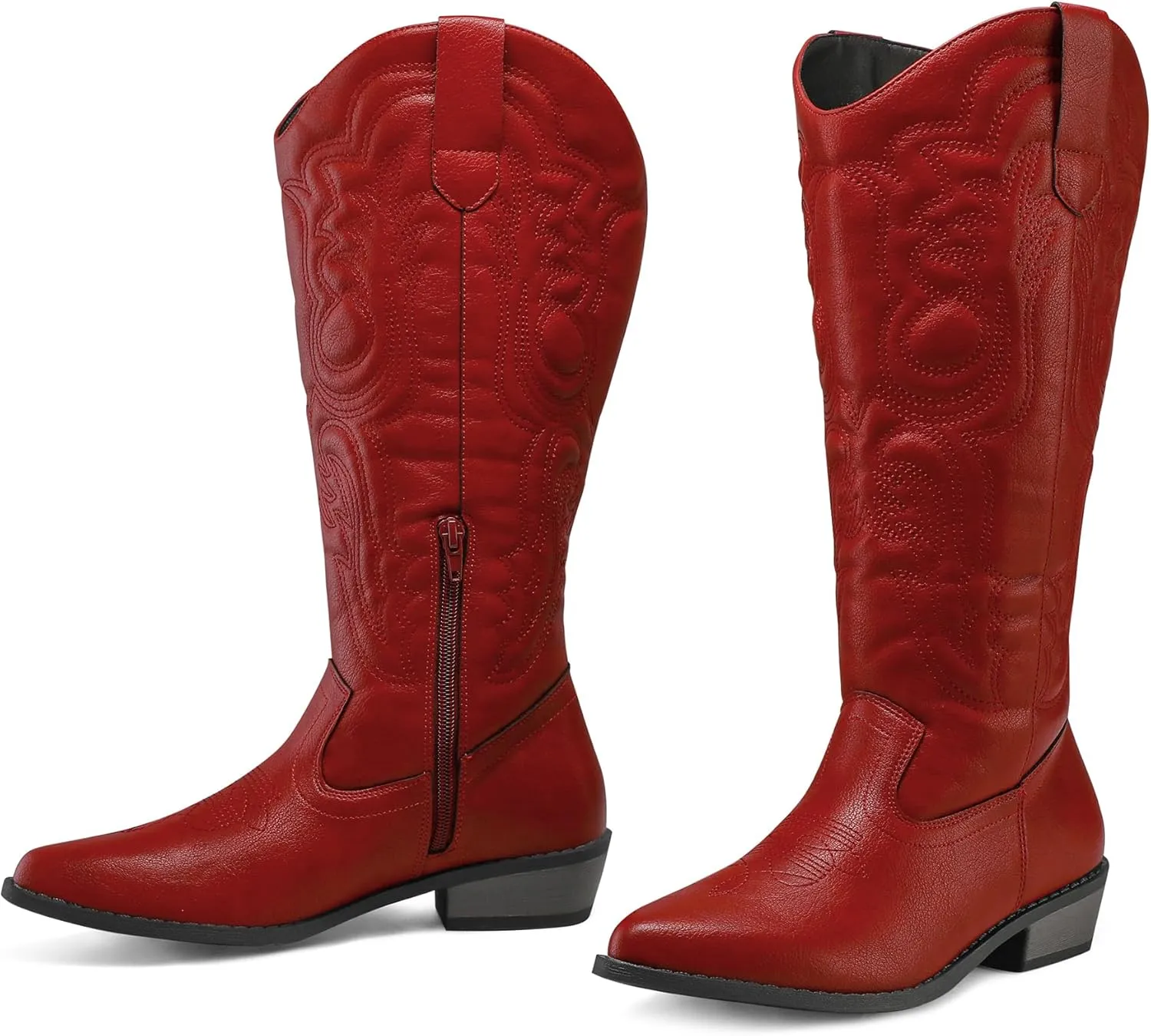 mysoft Women's Wide Calf Cowboy Boots Pull on Cowgirl Embroidered Mid Calf Pointed Toe Chunky Heel Western Boots