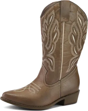 mysoft Women's Wide Calf Cowboy Boots Pull-On Mid-Calf Embroidered Pointed Toe Retro Western Boots