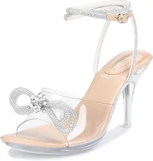 NBUUNBU Clear Heels With Rhinestone Bow Strappy Sandals For Women Ankle Strap Butterfly Transparent Platform High Heel Sexy Slingback Kitten Stiletto Comfortable Wedding Shoes Pump Mules