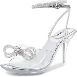 NBUUNBU Clear Heels With Rhinestone Bow Strappy Sandals For Women Ankle Strap Butterfly Transparent Platform High Heel Sexy Slingback Kitten Stiletto Comfortable Wedding Shoes Pump Mules