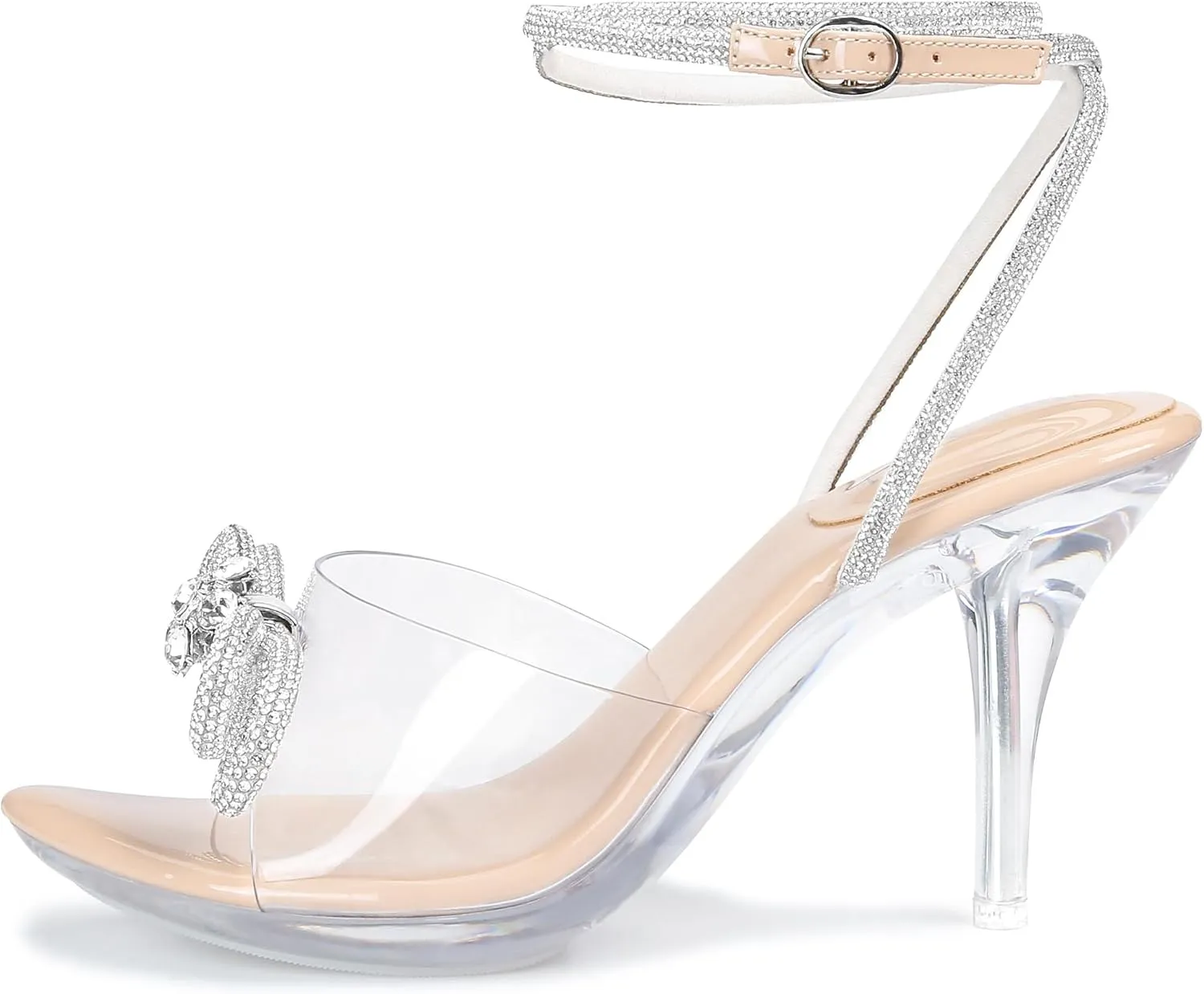 NBUUNBU Clear Heels With Rhinestone Bow Strappy Sandals For Women Ankle Strap Butterfly Transparent Platform High Heel Sexy Slingback Kitten Stiletto Comfortable Wedding Shoes Pump Mules
