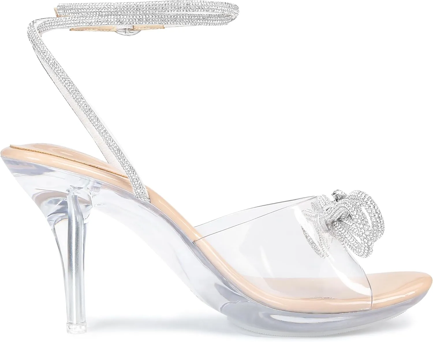 NBUUNBU Clear Heels With Rhinestone Bow Strappy Sandals For Women Ankle Strap Butterfly Transparent Platform High Heel Sexy Slingback Kitten Stiletto Comfortable Wedding Shoes Pump Mules