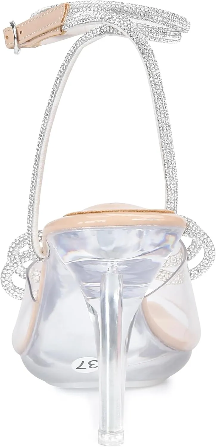NBUUNBU Clear Heels With Rhinestone Bow Strappy Sandals For Women Ankle Strap Butterfly Transparent Platform High Heel Sexy Slingback Kitten Stiletto Comfortable Wedding Shoes Pump Mules