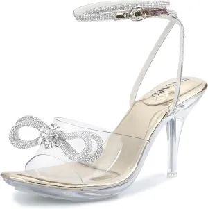 NBUUNBU Clear Heels With Rhinestone Bow Strappy Sandals For Women Ankle Strap Butterfly Transparent Platform High Heel Sexy Slingback Kitten Stiletto Comfortable Wedding Shoes Pump Mules