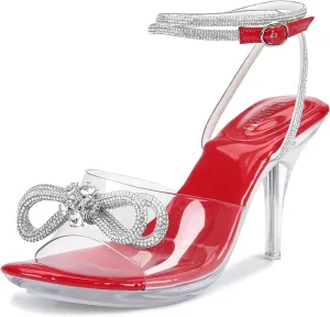 NBUUNBU Clear Heels With Rhinestone Bow Strappy Sandals For Women Ankle Strap Butterfly Transparent Platform High Heel Sexy Slingback Kitten Stiletto Comfortable Wedding Shoes Pump Mules