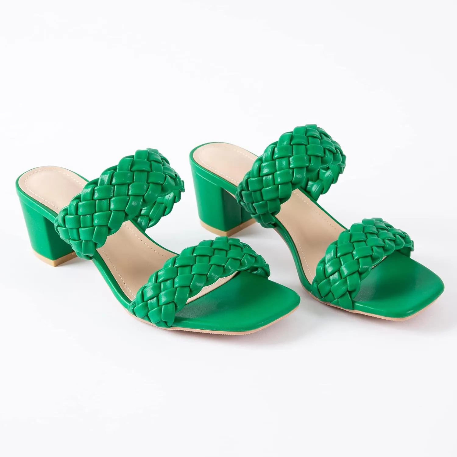 N.N.G Women Heels Sandals Braided Block Nude Summer Chunky Square Leather Woven Comfort Strappy Dress Casual Pumps Mules