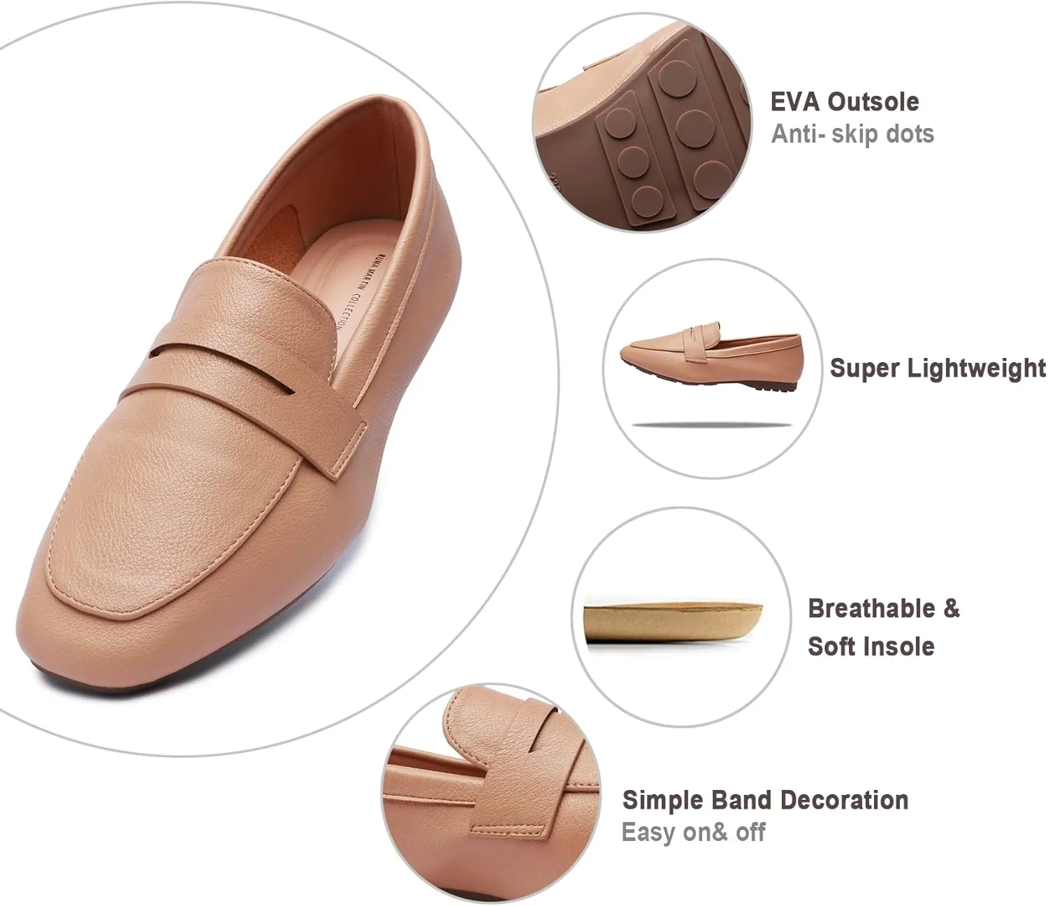 Odema Must-Have Women's Loafer Flat Square Toe Plain Penny Loafers Comfort Slip on Shoes