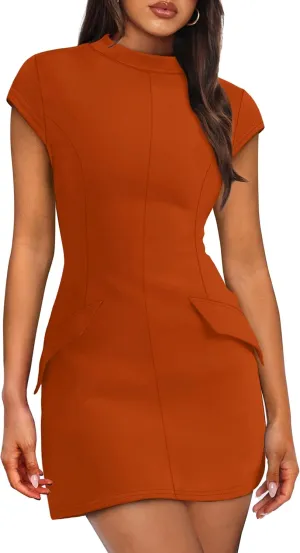 OFEEFAN Womens Summer Dress Mock Neck Short Sleeve Bodycon Party Club Mini Dresses