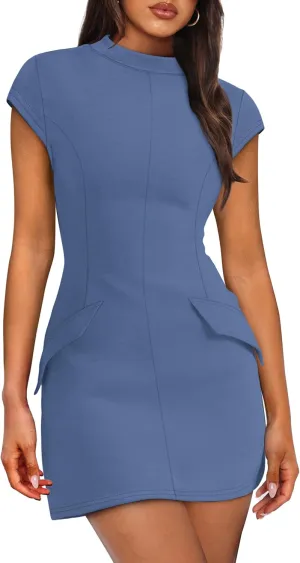 OFEEFAN Womens Summer Dress Mock Neck Short Sleeve Bodycon Party Club Mini Dresses