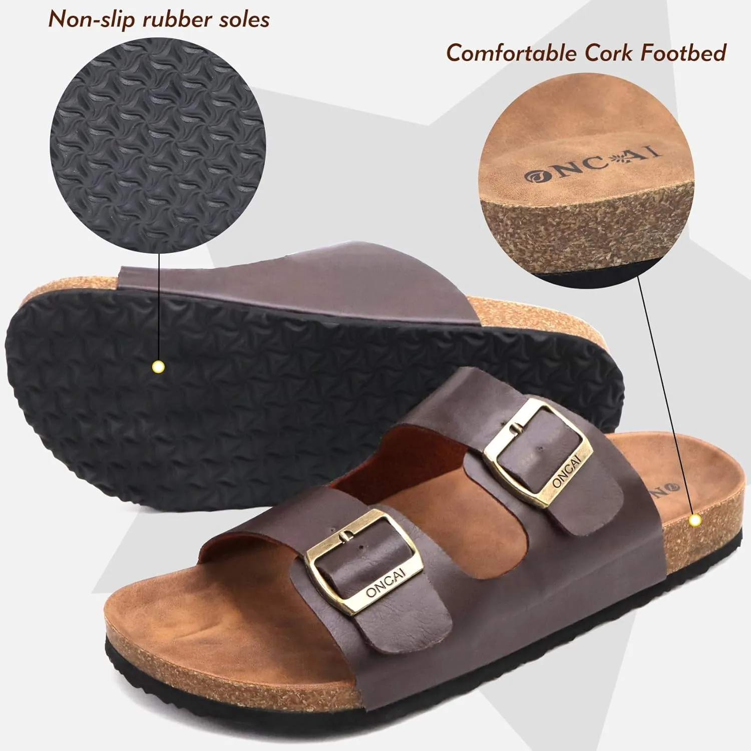 ONCAI Mens Sandals,Beach Slides Cork Footbed Slippers with Adjustable Buckle Straps Size 7-13
