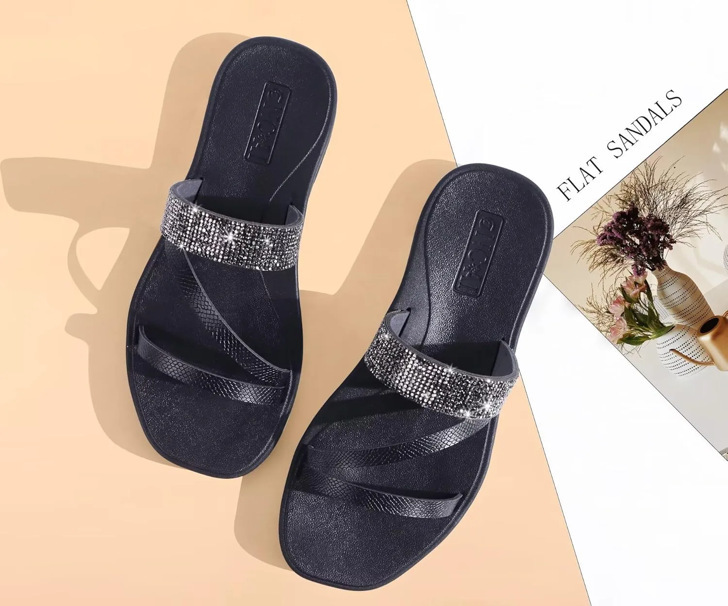 ONCAI Women's Flat Sandals Summer Dressy Casual Sandals Women Fashion Rhinestone Square Toe Slip On Ladies Slides Comfortable Cushion Footbed Beach Flat Sandal For Woman Size 6-11