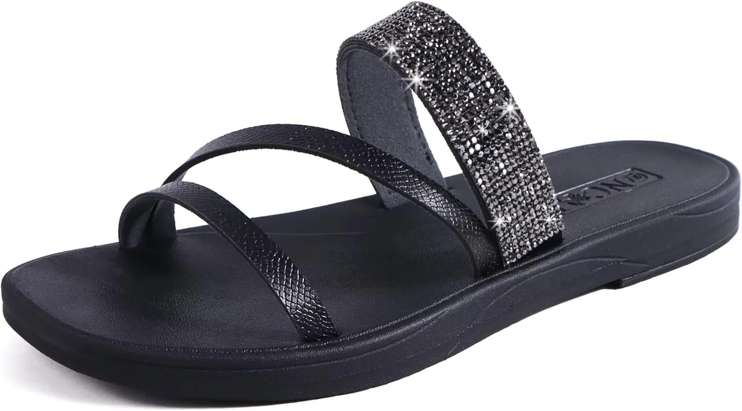 ONCAI Women's Flat Sandals Summer Dressy Casual Sandals Women Fashion Rhinestone Square Toe Slip On Ladies Slides Comfortable Cushion Footbed Beach Flat Sandal For Woman Size 6-11
