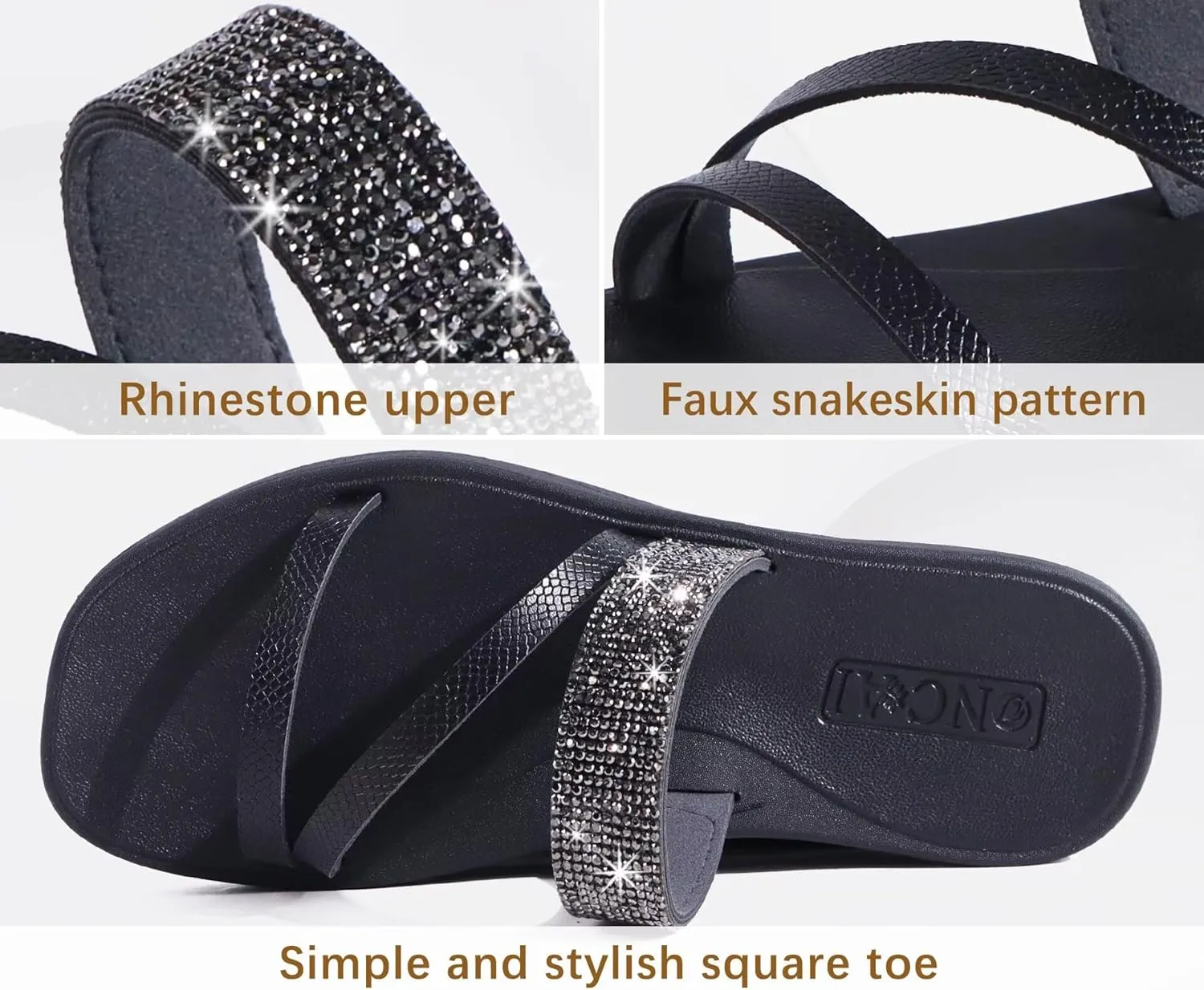 ONCAI Women's Flat Sandals Summer Dressy Casual Sandals Women Fashion Rhinestone Square Toe Slip On Ladies Slides Comfortable Cushion Footbed Beach Flat Sandal For Woman Size 6-11