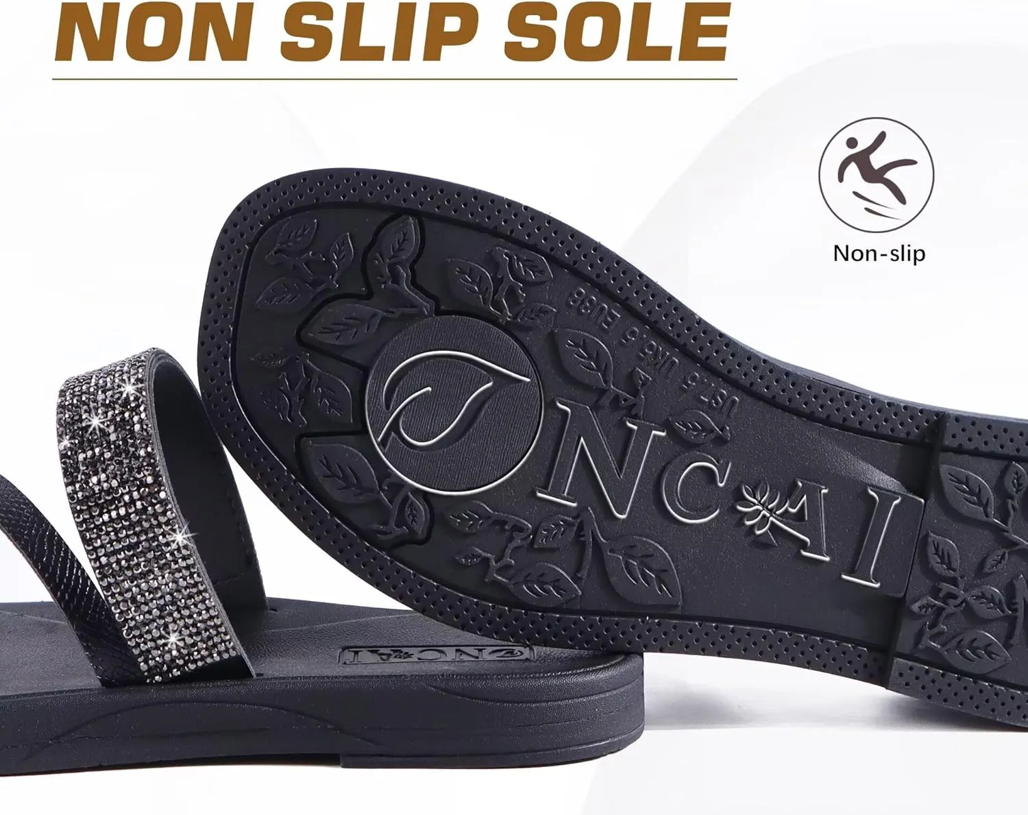 ONCAI Women's Flat Sandals Summer Dressy Casual Sandals Women Fashion Rhinestone Square Toe Slip On Ladies Slides Comfortable Cushion Footbed Beach Flat Sandal For Woman Size 6-11