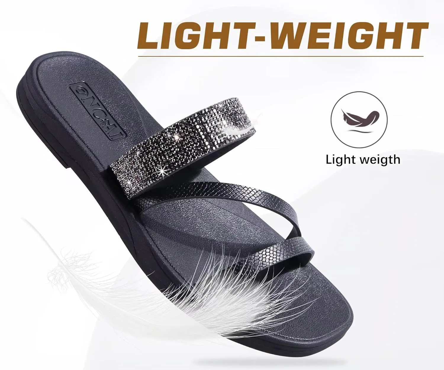 ONCAI Women's Flat Sandals Summer Dressy Casual Sandals Women Fashion Rhinestone Square Toe Slip On Ladies Slides Comfortable Cushion Footbed Beach Flat Sandal For Woman Size 6-11