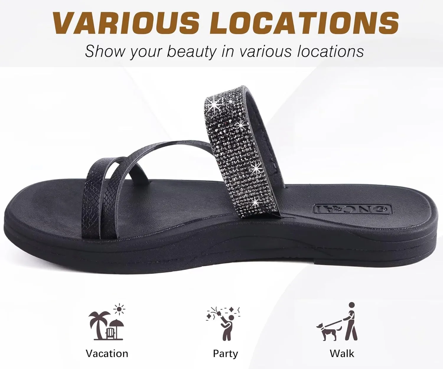ONCAI Women's Flat Sandals Summer Dressy Casual Sandals Women Fashion Rhinestone Square Toe Slip On Ladies Slides Comfortable Cushion Footbed Beach Flat Sandal For Woman Size 6-11