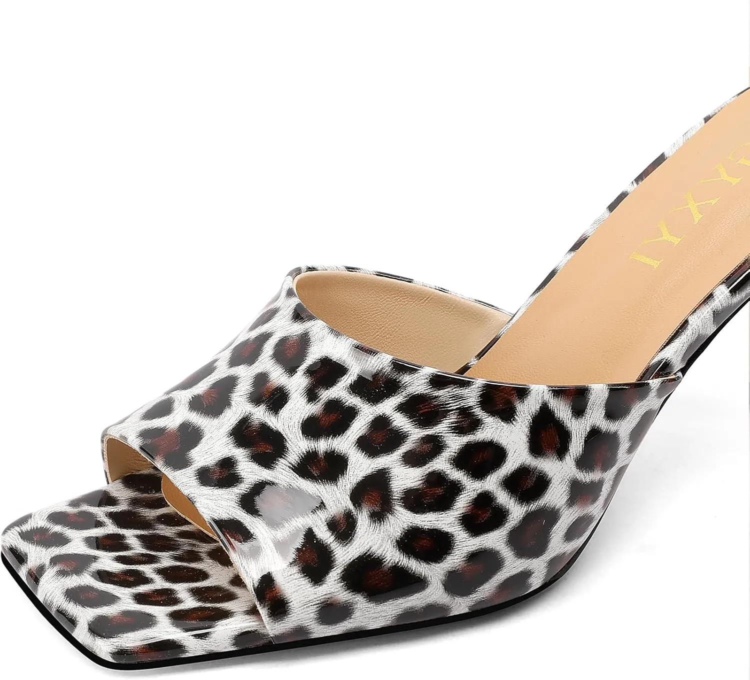 Open-Toe Patent Leather Kitten Heel Mules with Slim Stiletto for Women Sexy Leopard Print Slip On Square-Toe Slide Sandals