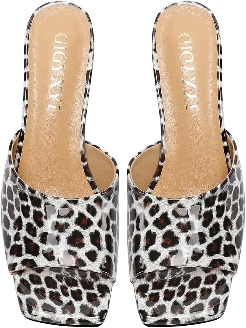 Open-Toe Patent Leather Kitten Heel Mules with Slim Stiletto for Women Sexy Leopard Print Slip On Square-Toe Slide Sandals