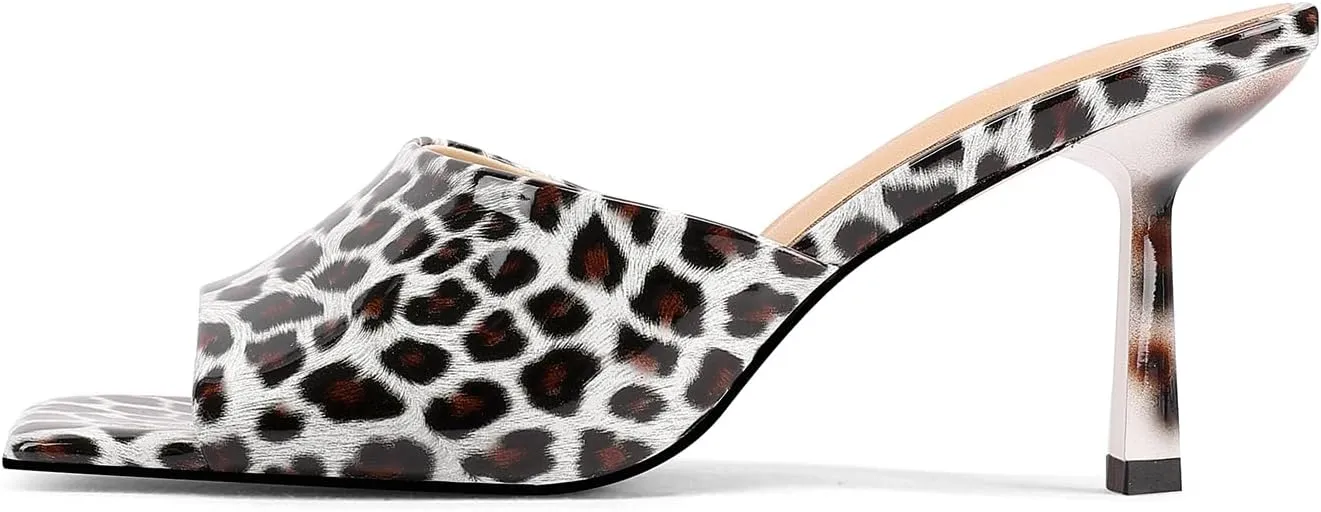 Open-Toe Patent Leather Kitten Heel Mules with Slim Stiletto for Women Sexy Leopard Print Slip On Square-Toe Slide Sandals